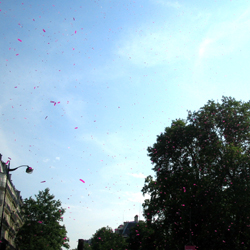 Samedi: quand les confettis retombent. La Marche des fiertés apporte toujours la joie irréfragable de danser dans la rue, mais comme disait ChelseaMan en laissant passer les pédés de l'UDF et le char de l'UMP: «C'est fini les revendications gay. Ce qu'il nous faudrait, c'est une marche de trans.» / Saturday: when confetti settle down. The Pride parade still brings the irrefragable joy of dancing in the streets, yet as ChelseaMan said, while gay centrist marched and right-wing floated along: 